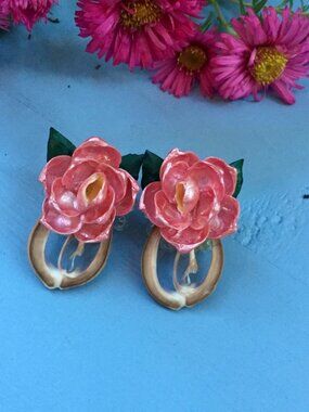Vintage 1930s Earrings, Antique Rose Earrings, Vintage Shell Carved Earrings